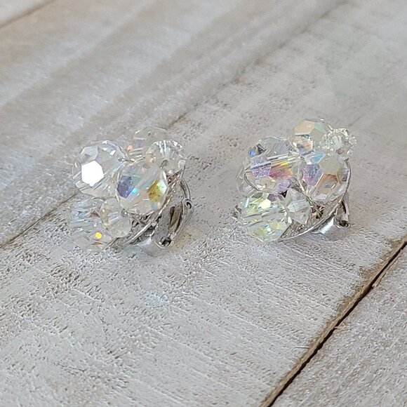 Vintage Coro Signed AB Cluster Earrings Clip On Crystal Silver Tone - Picture 4 of 8